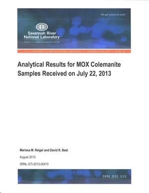 ANALYTICAL RESULTS FOR MOX COLEMANITE SAMPLES RECEIVED ON JULY 22, 2013