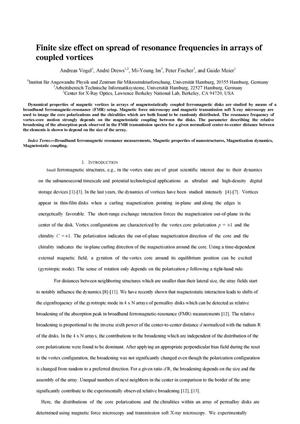 Finite size effect on spread of resonance frequencies in arrays of coupled vortices
