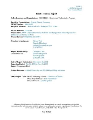 Final Technical Report 300aƒa A A C Capable Electronics Platform And Temperature Sensor System For Enhanced Geothermal Systems Unt Digital Library