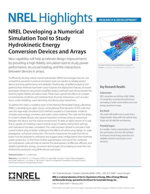 NREL Developing a Numerical Simulation Tool to Study Hydrokinetic Energy Conversion Devices and Arrays (Fact Sheet)