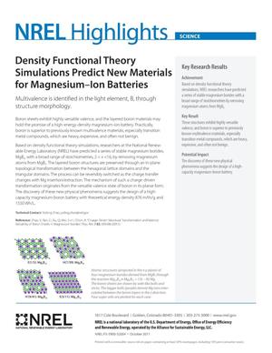 Density Functional Theory Simulations Predict New Materials for Magnesium-Ion Batteries (Fact Sheet), NREL Highlights, Science