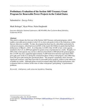 Preliminary Evaluation of the Section 1603 Treasury Grant Program for Renewable Power Projects in the United States