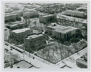 [Aerial photograph of Administration Building, Science Building, Historical Building, the Power Plant, the Library, and Marquis Hall]