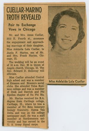 Primary view of object titled '[Adelaida L. Cuellar wedding article]'.