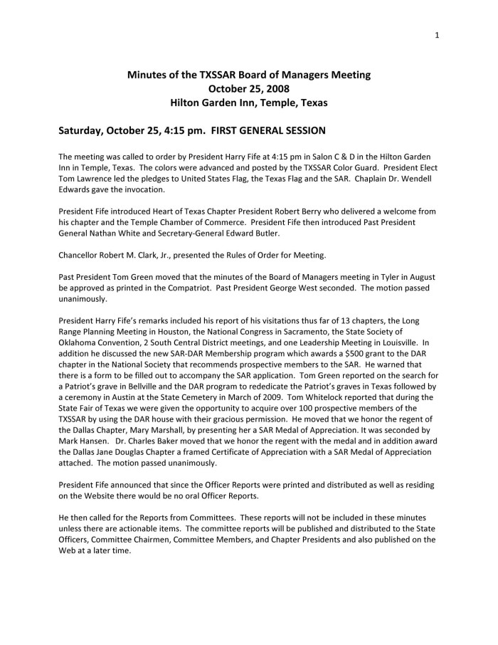 Minutes Of The Txssar Board Of Managers Meeting October 25 26