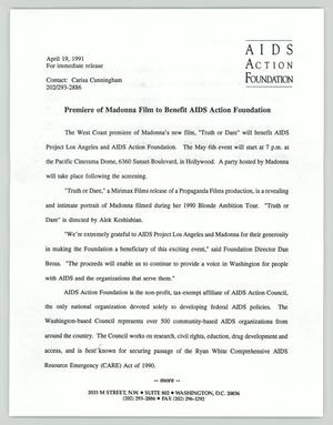 [Press Release: Madonna Film to Benefit AIDS Action Foundation]