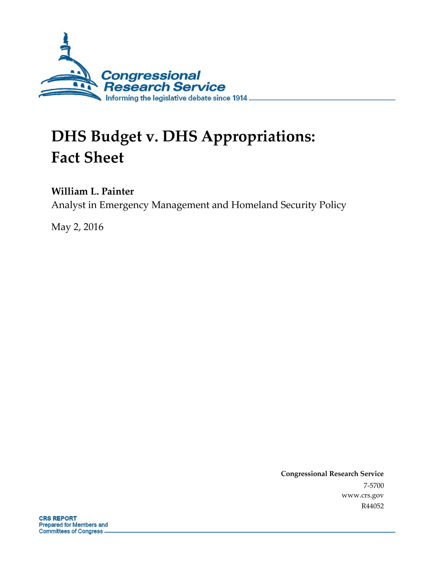 DHS Budget v. DHS Appropriations Fact Sheet UNT Digital Library