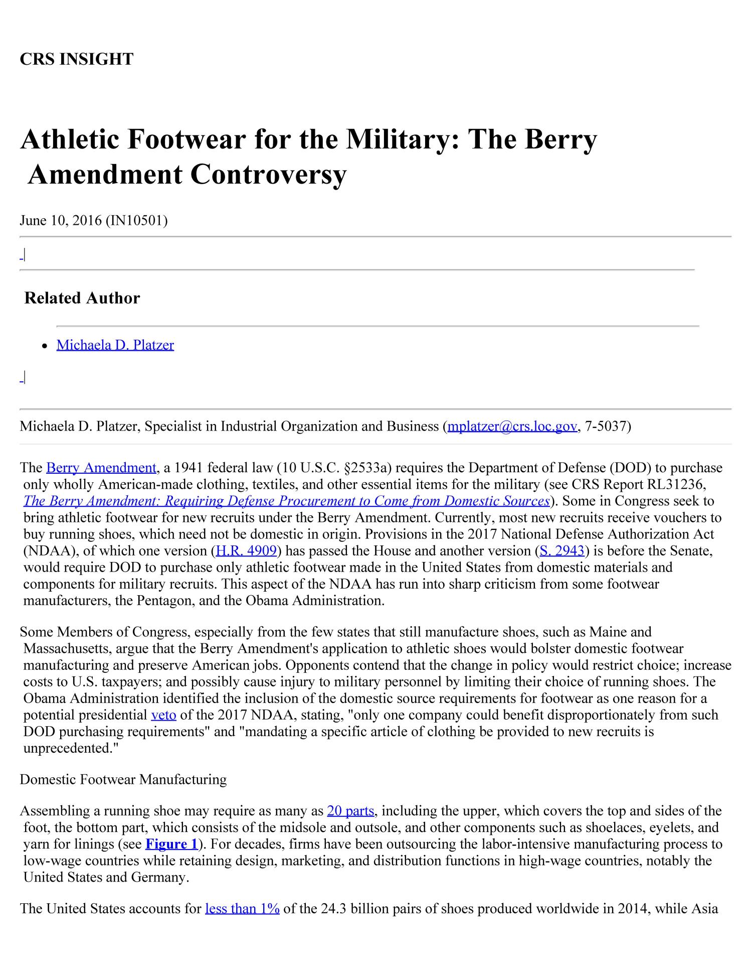 Athletic Footwear for the Military: The Berry Amendment Controversy
                                                
                                                    [Sequence #]: 1 of 3
                                                