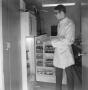 Photograph: [Man placing tubes into a refrigerator]