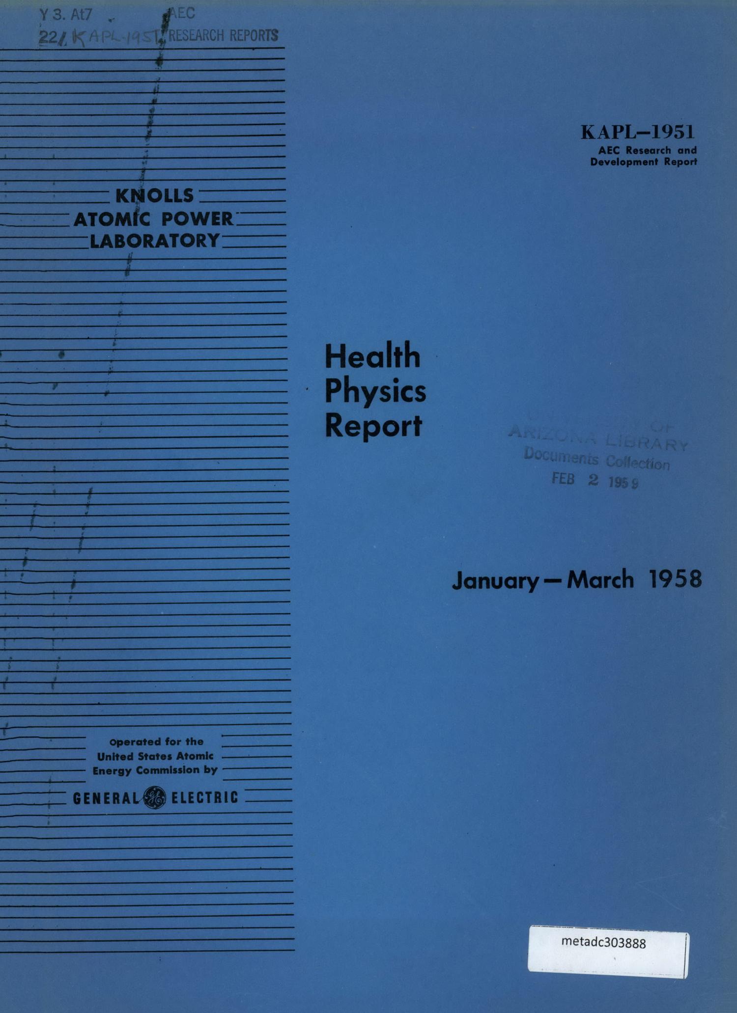 Health Physics Report: January-March 1958
                                                
                                                    Front Cover
                                                
