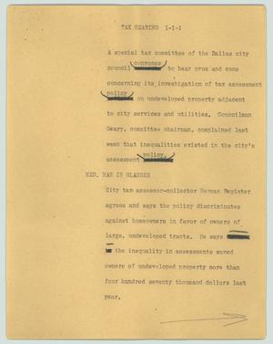 Primary view of object titled '[News Script: Tax hearing]'.