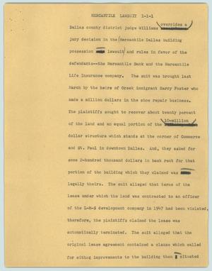 Primary view of object titled '[News Script: Mercantile lawsuit]'.