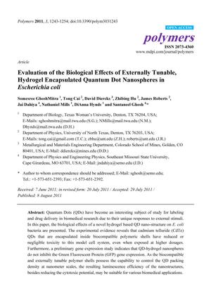 Evaluation of the Biological Effects of Externally Tunable, Hydrogel Encapsulated Quantum Dot Nanospheres in Escherichia coli