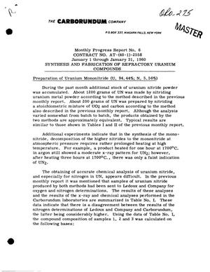 Synthesis and Fabrication of Refractory Uranium Compounds. Monthly Progress Report No. 6 for January 1 Through January 31, 1960