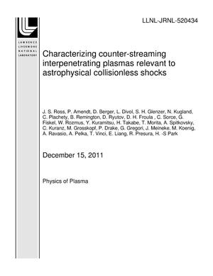 Characterizing counter-streaming interpenetrating plasmas relevant to astrophysical collisionless shocks