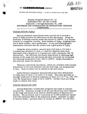 Synthesis and Fabrication of Refractory Uranium Compounds. Monthly Progress Report No. 10 for September 1 Through September 30. 1960