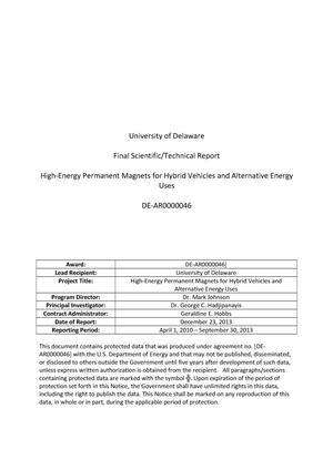 High-Energy Permanent Magnets for Hybrid Vehicles and Alternative Energy Uses