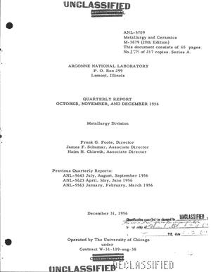 METALLURGY DIVISION QUARTERLY REPORT FOR OCTOBER, NOVEMBER, AND DECEMBER 1956