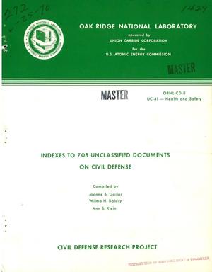 Primary view of object titled 'INDEXES TO 708 UNCLASSIFIED DOCUMENTS ON CIVIL DEFENSE.'.