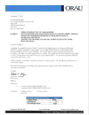 Letter Report for Analytical Results for five Swipe Samples from the Northern Biomedical Research Facility, Muskegon Michigan