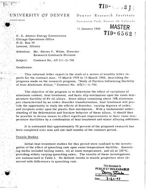 Study of Factors Influencing Ductility of Iron-Aluminum Alloys. Monthly Letter Report No. 9 for March 15, 1959 to March 15, 1960