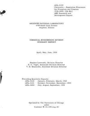 Primary view of object titled 'CHEMICAL ENGINEERING DIVISION SUMMARY REPORT FOR APRIL, MAY, JUNE 1960'.