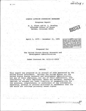 Liquid lithium corrosion research. Progress report, April 1, 1975-- December 31, 1975