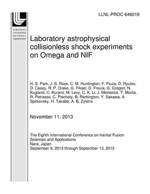 Laboratory astrophysical collisionless shock experiments on Omega and NIF