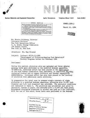 Development of Plutonium-Bearing Fuel Materials. Monthly Progress Letter for February 1964
