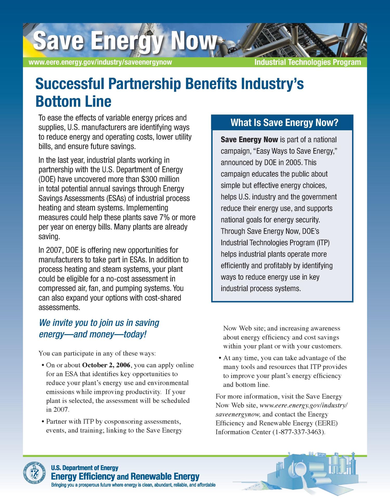 Save Energy Now: Successful Partnership Benefits Industry's Bottom Line
                                                
                                                    [Sequence #]: 1 of 2
                                                