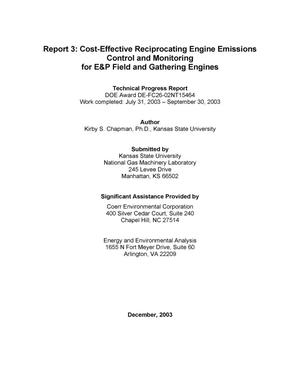 Cost-Effective Reciprocating Engine Emissions Control and Monitoring for E&P Field and Gathering Engines: Report 3