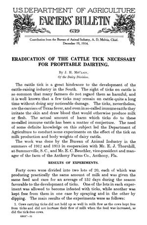 Eradication of the Cattle Tick Necessary for Profitable Dairying