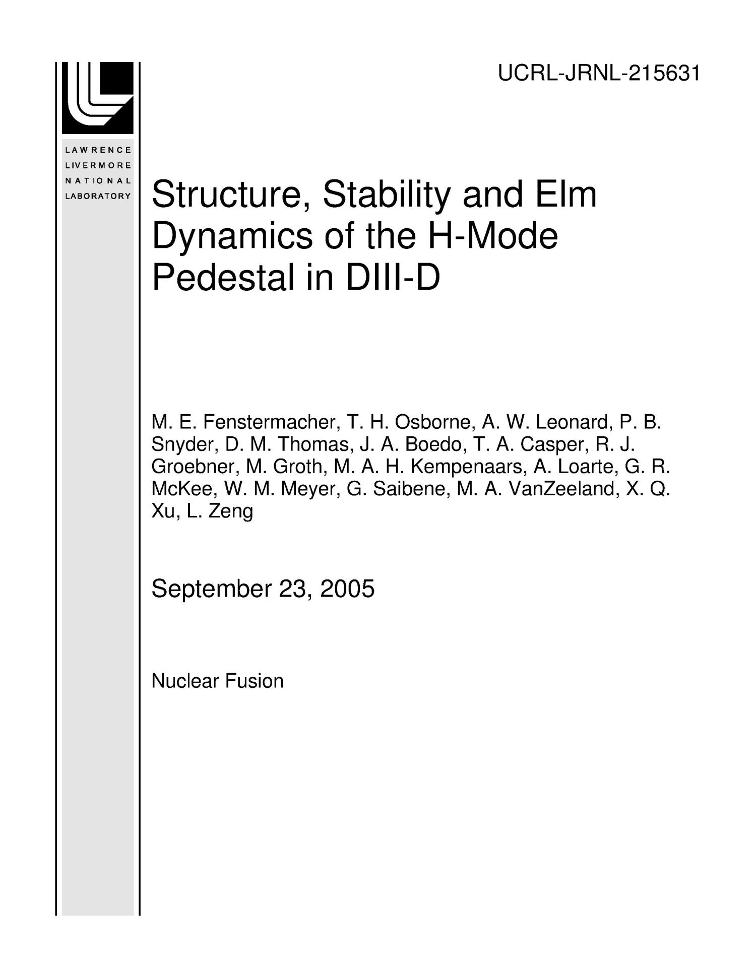 Structure Stability And Elm Dynamics Of The H Mode Pedestal In Diii D Unt Digital Library