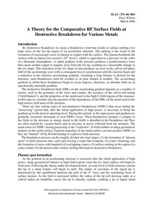 Primary view of object titled 'A Theory for the Comparative RF Surface Fields at Destructive Breakdown for Various Metels'.