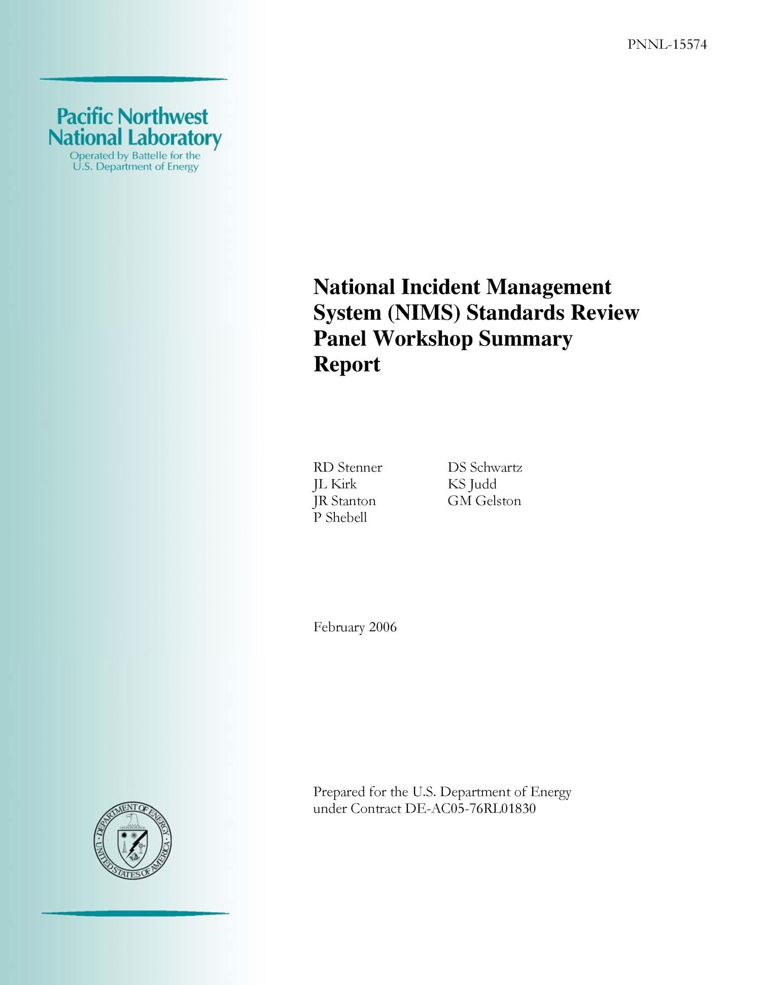 National Incident Management System (NIMS) Standards Review Panel Workshop  Summary Report - UNT Digital Library