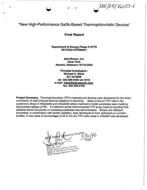 New High-Performance GaSb-Based Thermophtovolatic Devices. Final Report