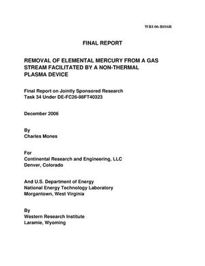 Removal of Elemental Mercury from a Gas Stream Facilitated by a Non-Thermal Plasma Device