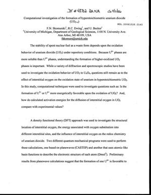 Computational Investigation of the Formation of Hyperstoichiometric Uranium Dioxide (U02+X)