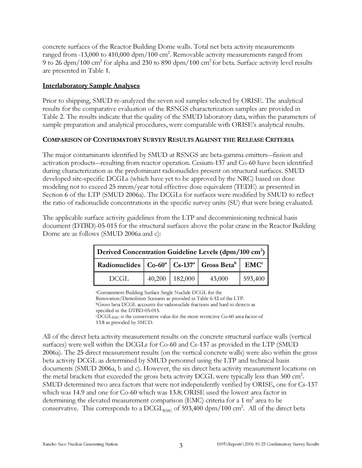 Confirmatory Survey Results for the Reactor Building Dome Upper Surfaces, Rancho Saco Nuclear Generating Station
                                                
                                                    [Sequence #]: 4 of 17
                                                