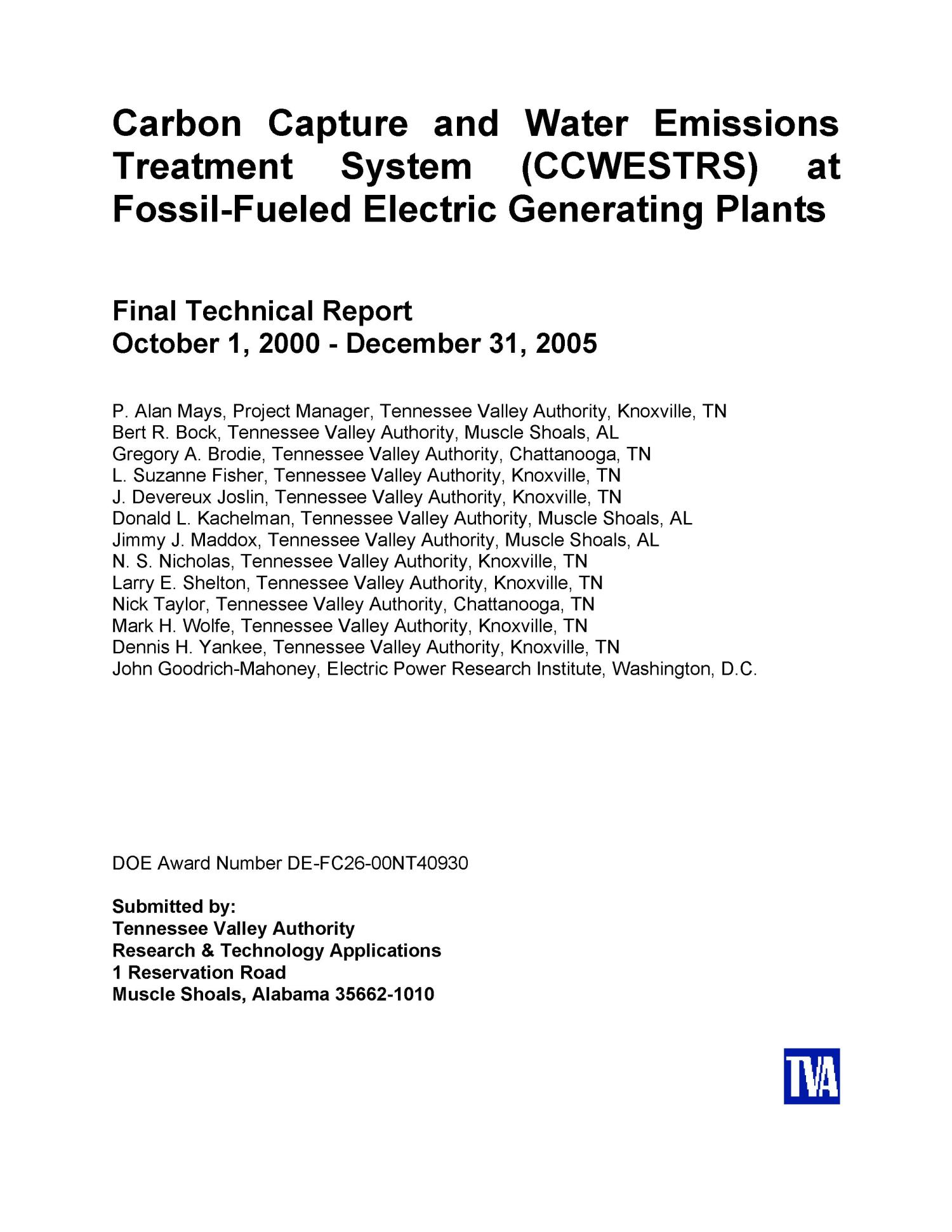 Carbon Capture and Water Emissions Treatment System (CCWESTRS) at Fossil-Fueled Electric Generating Plants
                                                
                                                    [Sequence #]: 1 of 191
                                                