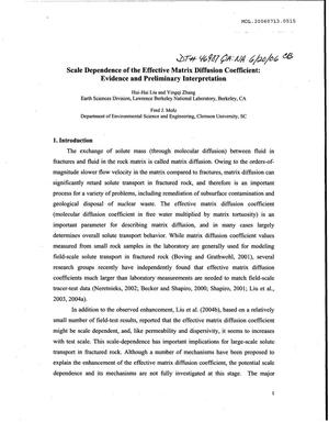 Scale Dependence of Effective Matrix Diffusion Coefficient Evidence and Preliminary Interpertation
