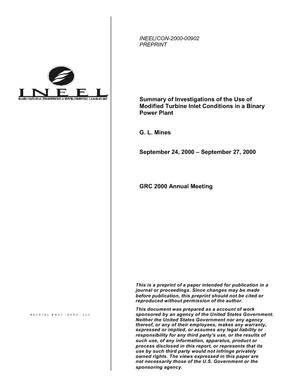 Summary of Investigations of the Use of Modified Turbine Inlet Conditions in a Binary Power Plant