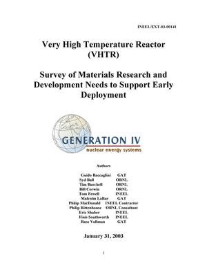 Very High Temperature Reactor (VHTR) Survey of Materials Research and Development Needs to Support Early Deployment