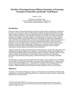 The Role of Emerging Energy-Efficient Technology in PromotingWorkplace Productivity and Health: Final Report