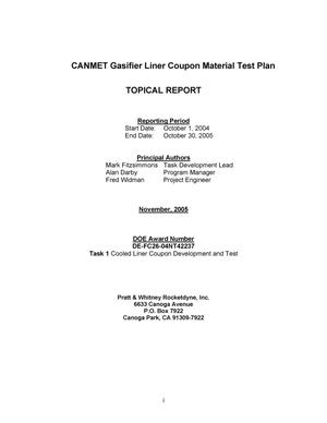 CANMET Gasifier Liner Coupon Material Test Plan