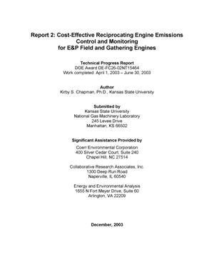 Cost-Effective Reciprocating Engine Emissions Control and Monitoring for E&P Field and Gathering Engines: Report 2