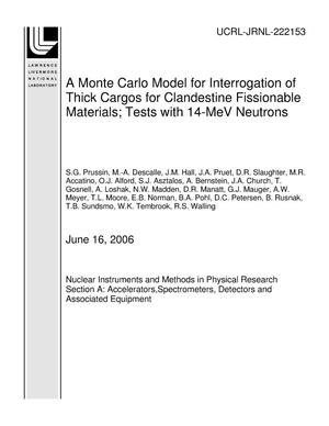 A Monte Carlo Model for Interrogation of Thick Cargos for Clandestine Fissionable Materials; Tests with 14-MeV Neutrons