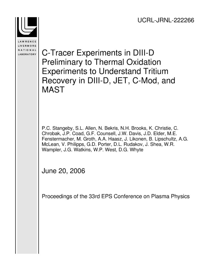 13c Tracer Experiments In Diii D Preliminary To Thermal Oxidation Experiments To Understand Tritium Recovery In Diii D Jet C Mod And Mast Unt Digital Library