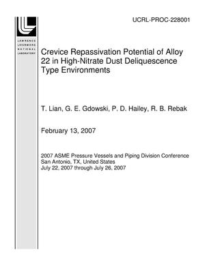 Crevice Repassivation Potential of Alloy 22 in High-Nitrate Dust Deliquescence Type Environments