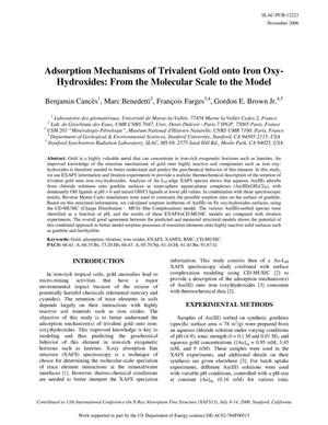 Adsorption Mechanisms of Trivalent Gold onto Iron Oxy-Hydroxides: From the Molecular Scale to the Model